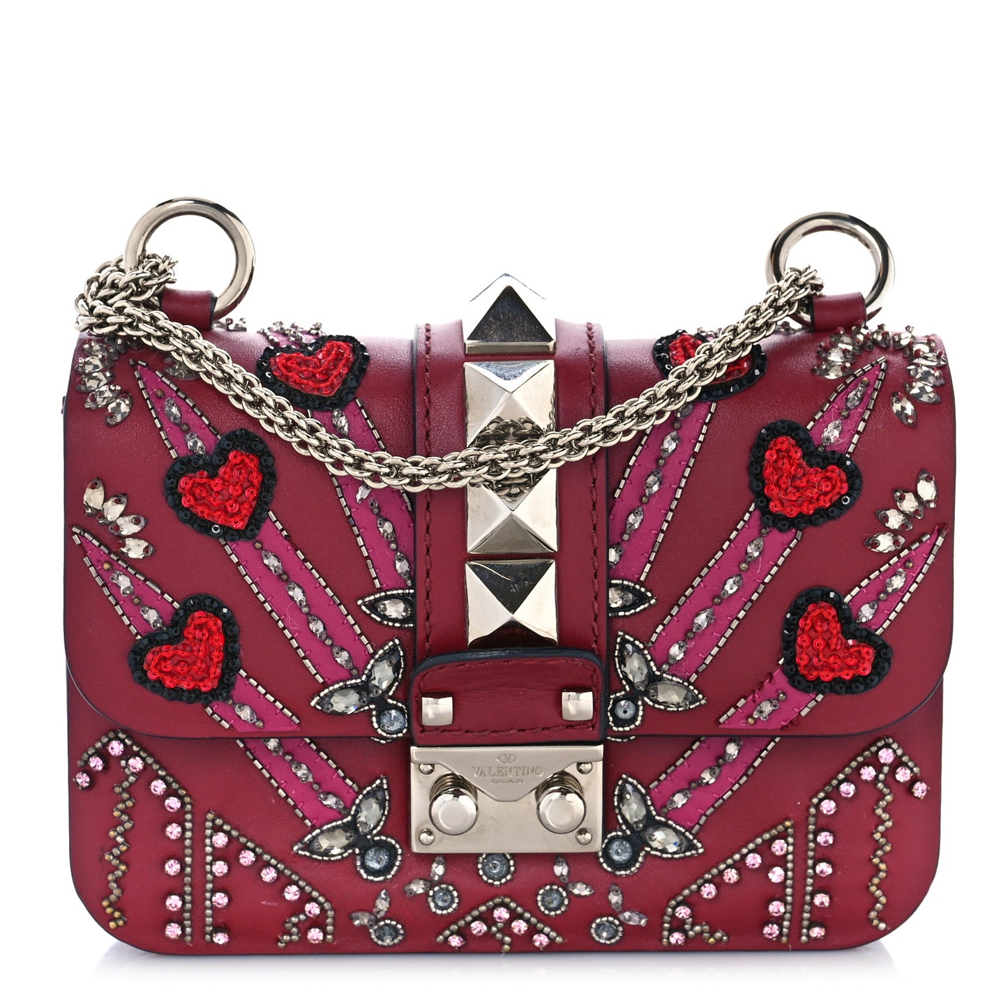 Vitello Crystal Loveblade Embellished Mini Glam Lock Rockstud Flap Rubino