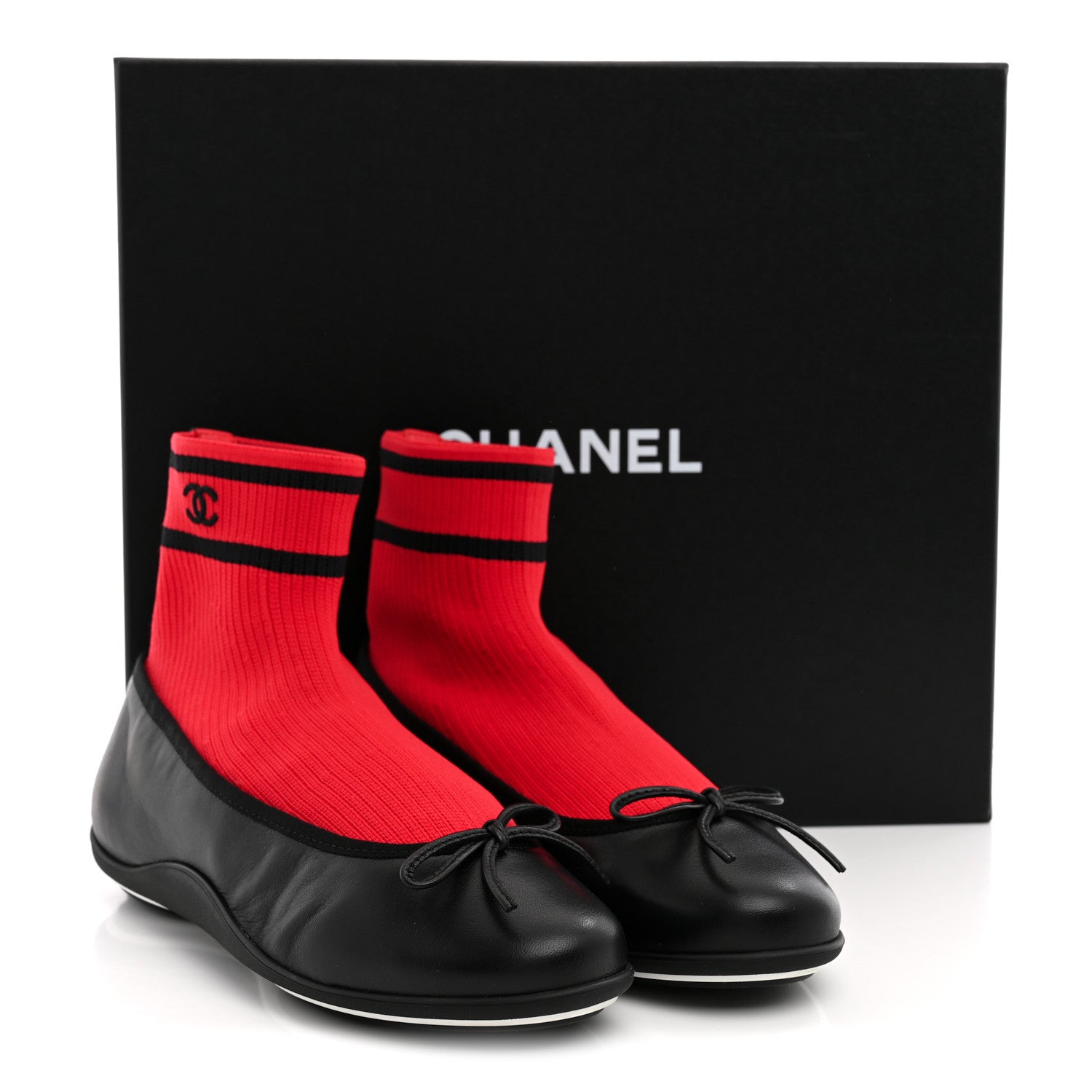 Chanel Lambskin Knit CC Ballerina Sneakers 37.5 Black Red 9 of 9