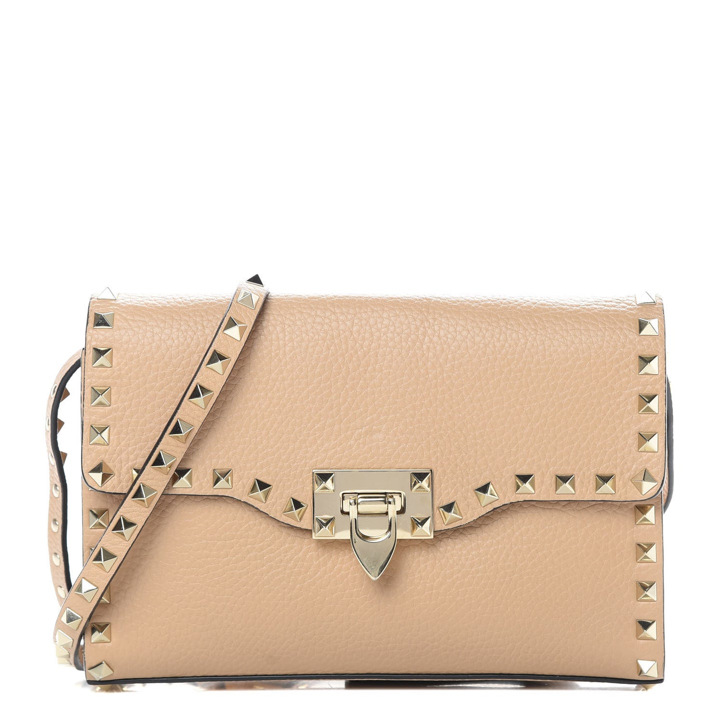 Pebbled Calfskin Medium Rockstud Flip Lock Crossbody Bag Camel Rose