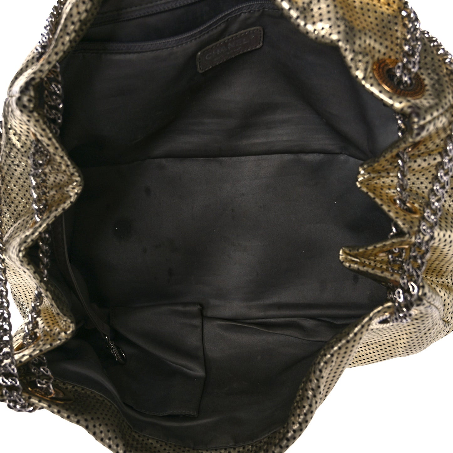 Metallic Calfskin Perforated Large Drill Accordion Flap Gold
