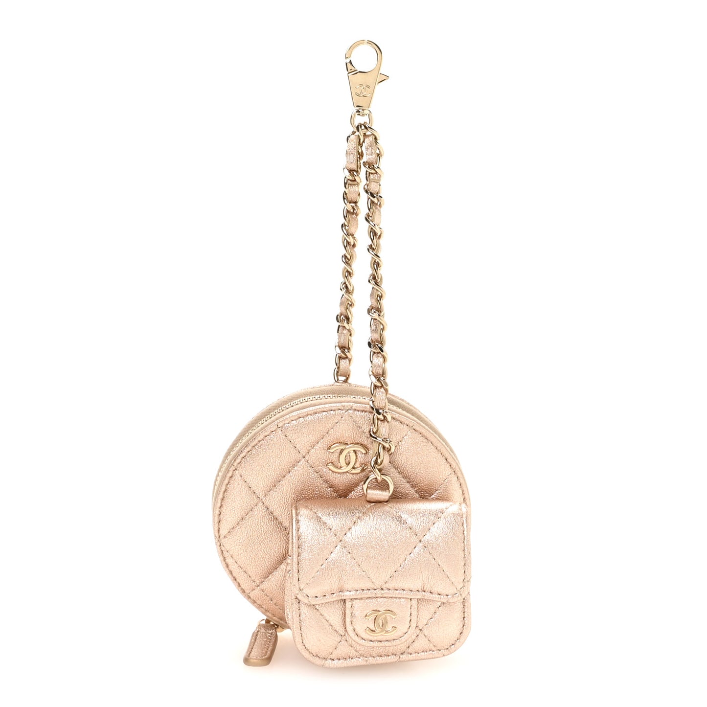 Metallic Lambskin Quilted Round Clip On Coin Purse Airpods Case Gold
