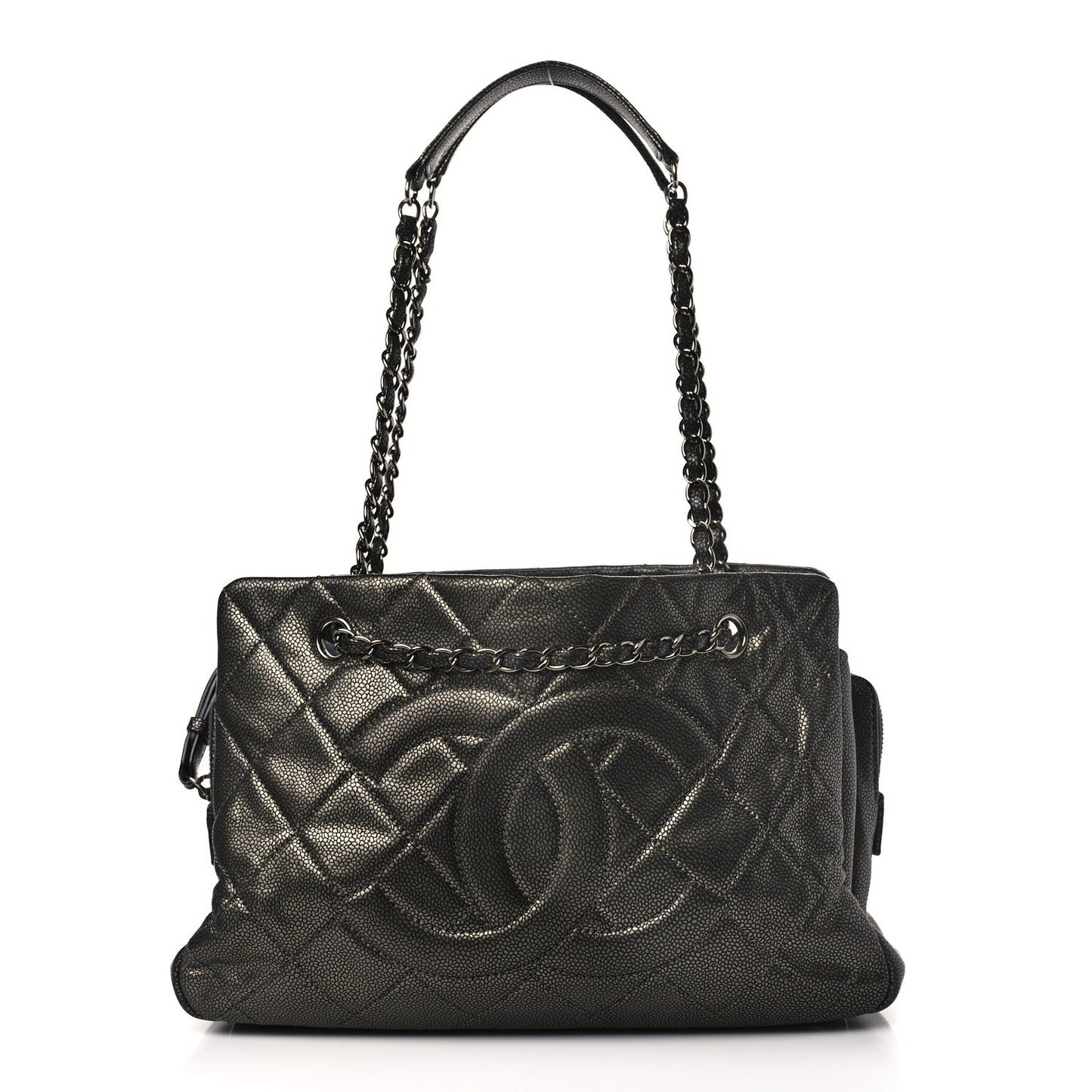 Metallic Caviar Quilted CC Tote Dark Silver