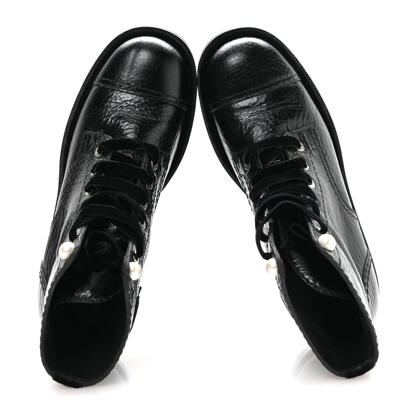Shiny Calfskin Velvet Pearl Combat Short Boots 37.5 Black