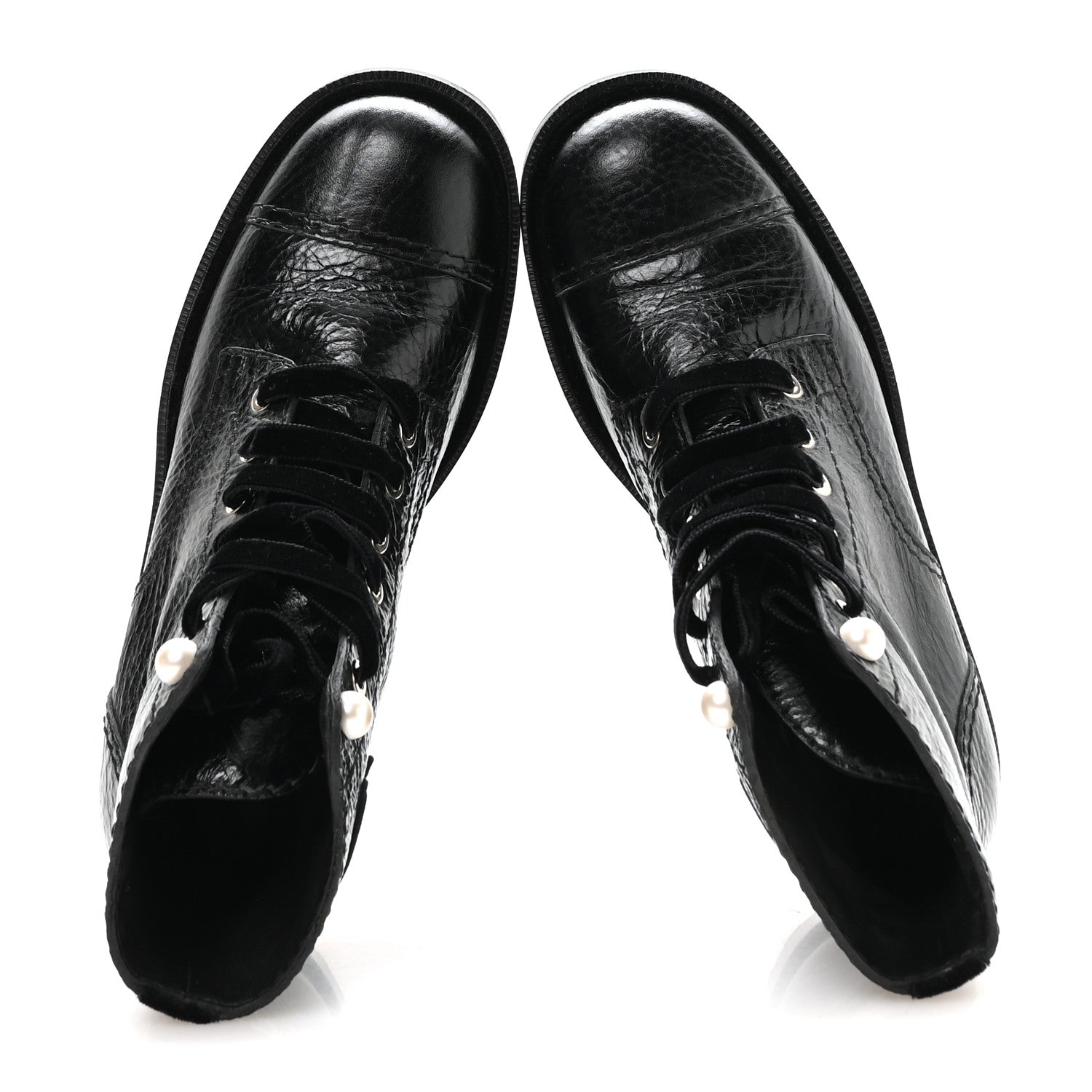 Chanel Shiny Calfskin Velvet Pearl Combat Short Boots 37.5 Black 2 of 9