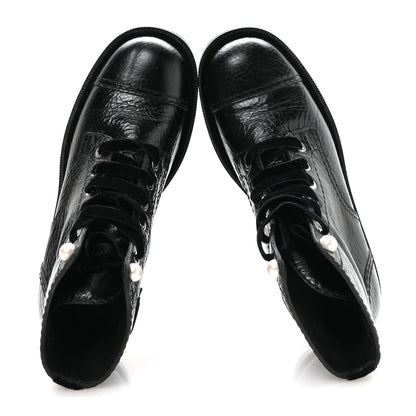 Chanel Shiny Calfskin Velvet Pearl Combat Short Boots 37.5 Black 2 of 9