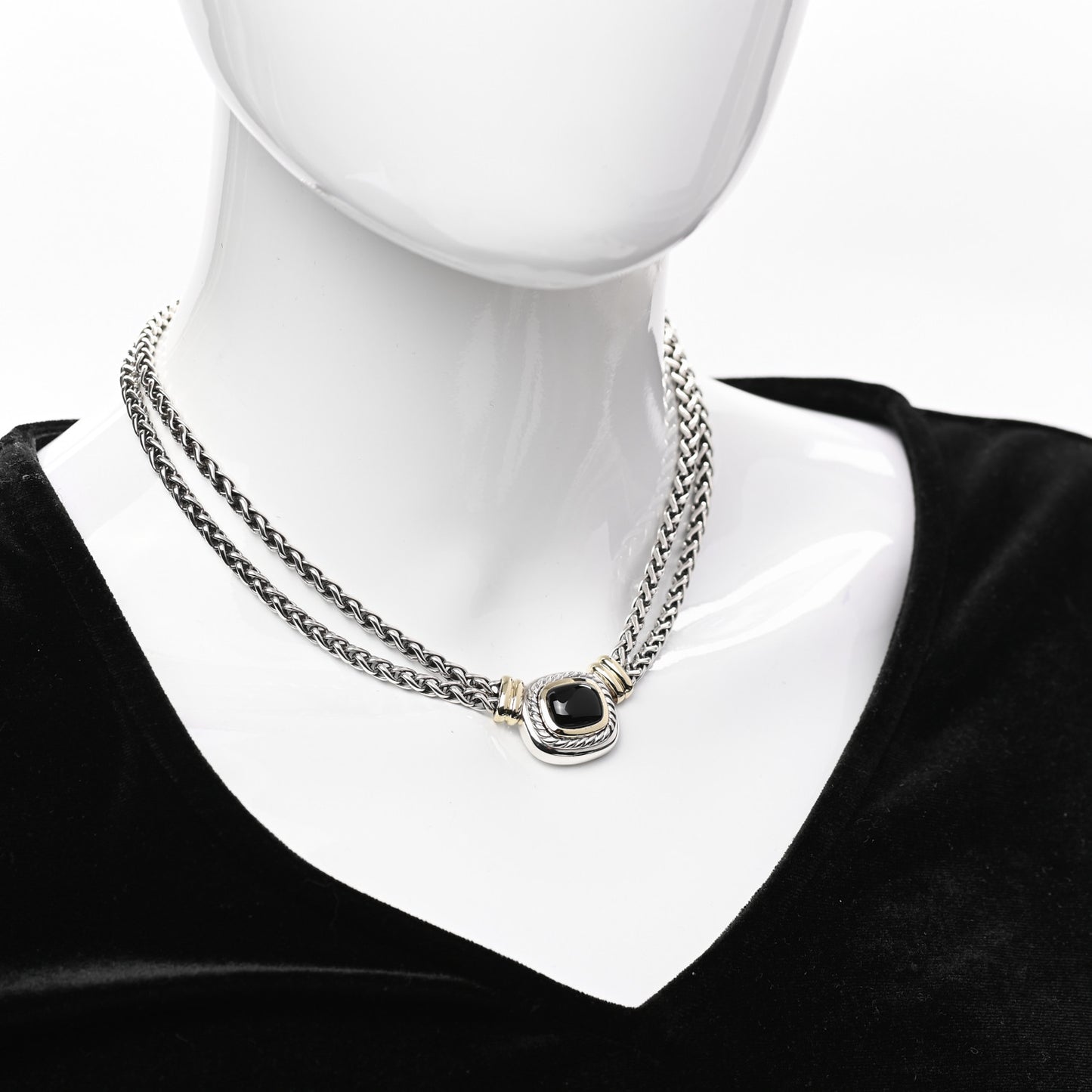 Sterling Silver 14K Yellow Gold Black Onyx Double Wheat Chain Necklace