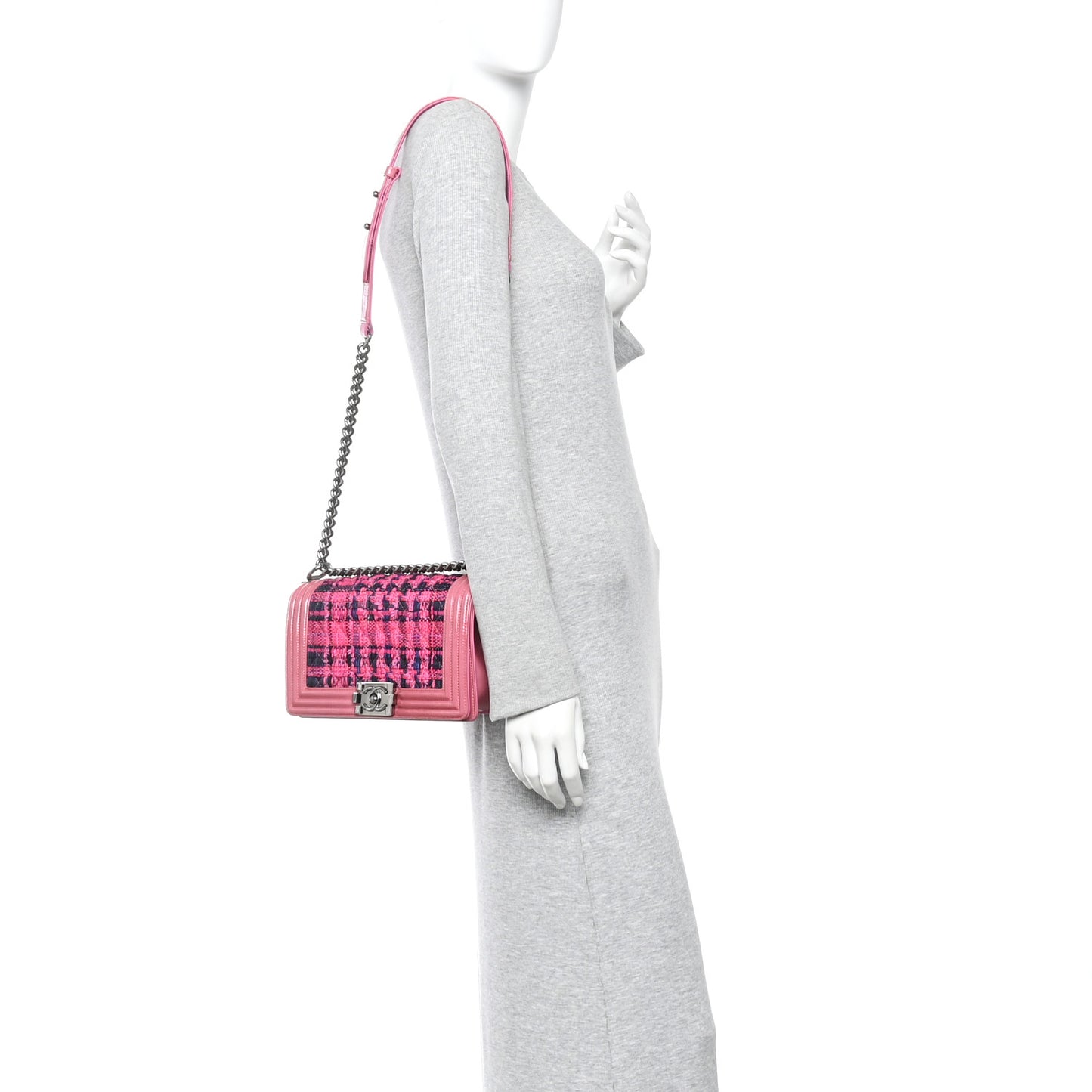 Patent Tweed Medium Boy Flap Fuchsia