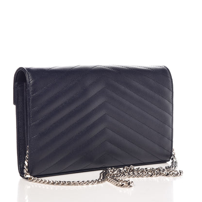 Saint Laurent Grain De Poudre Matelasse Chevron Monogram Chain Wallet Deep Marine 3 of 9