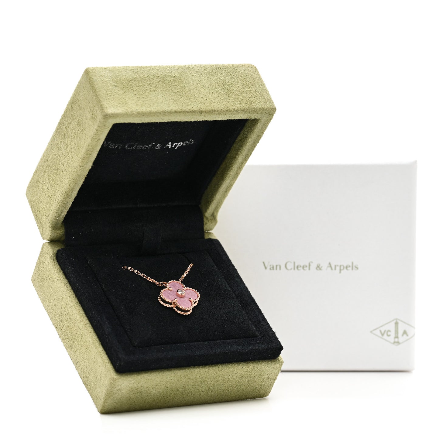 18K Rose Gold Diamond Rhodonite Vintage Alhambra Pendant Necklace