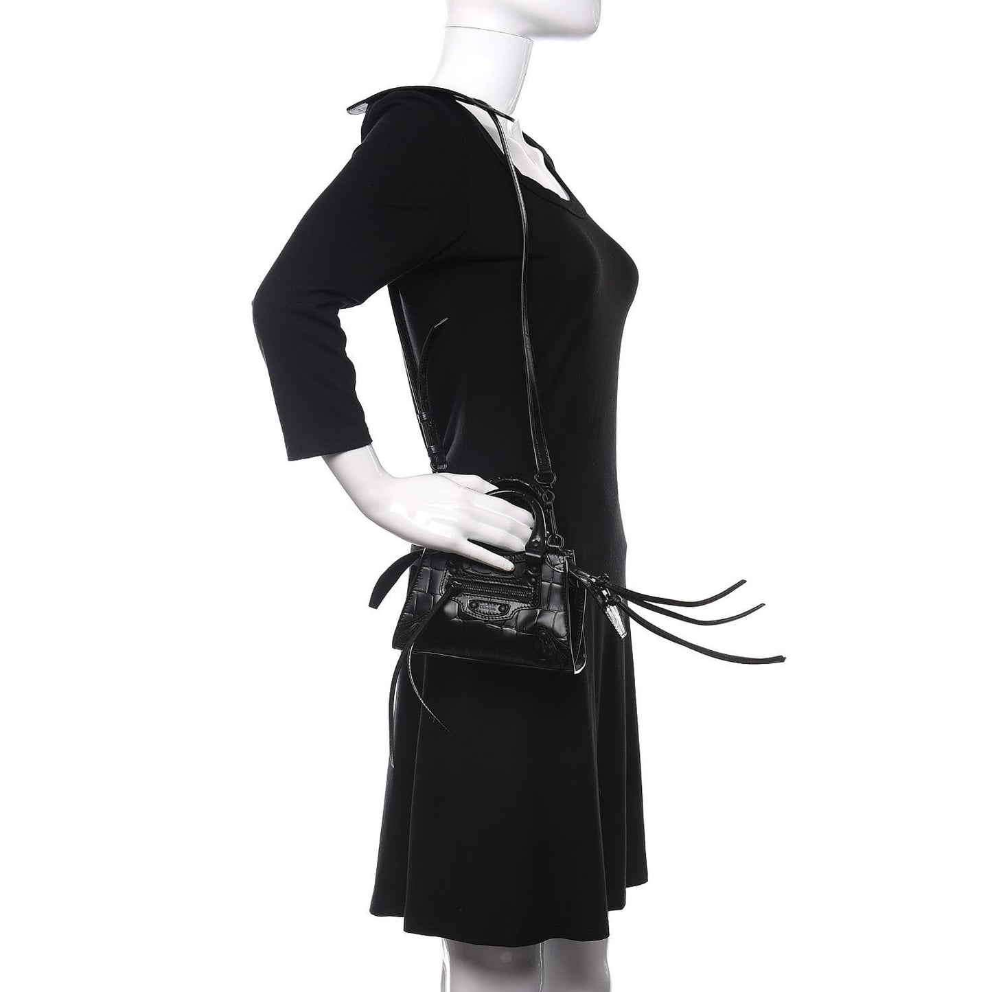 Semi Shiny Calfskin Crocodile Embossed Neo Classic Black Hardware Nano City Crossbody Black