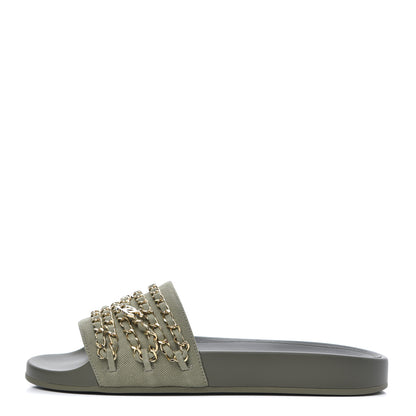 Chanel Canvas Chain Flat Sandals 39 Khaki 1 of 9