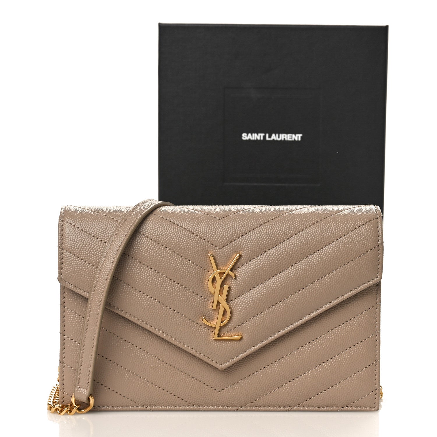 Saint Laurent Grain De Poudre Matelasse Chevron Monogram Envelope Chain Wallet Dark Beige 9 of 9