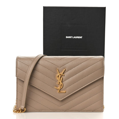 Saint Laurent Grain De Poudre Matelasse Chevron Monogram Envelope Chain Wallet Dark Beige 9 of 9