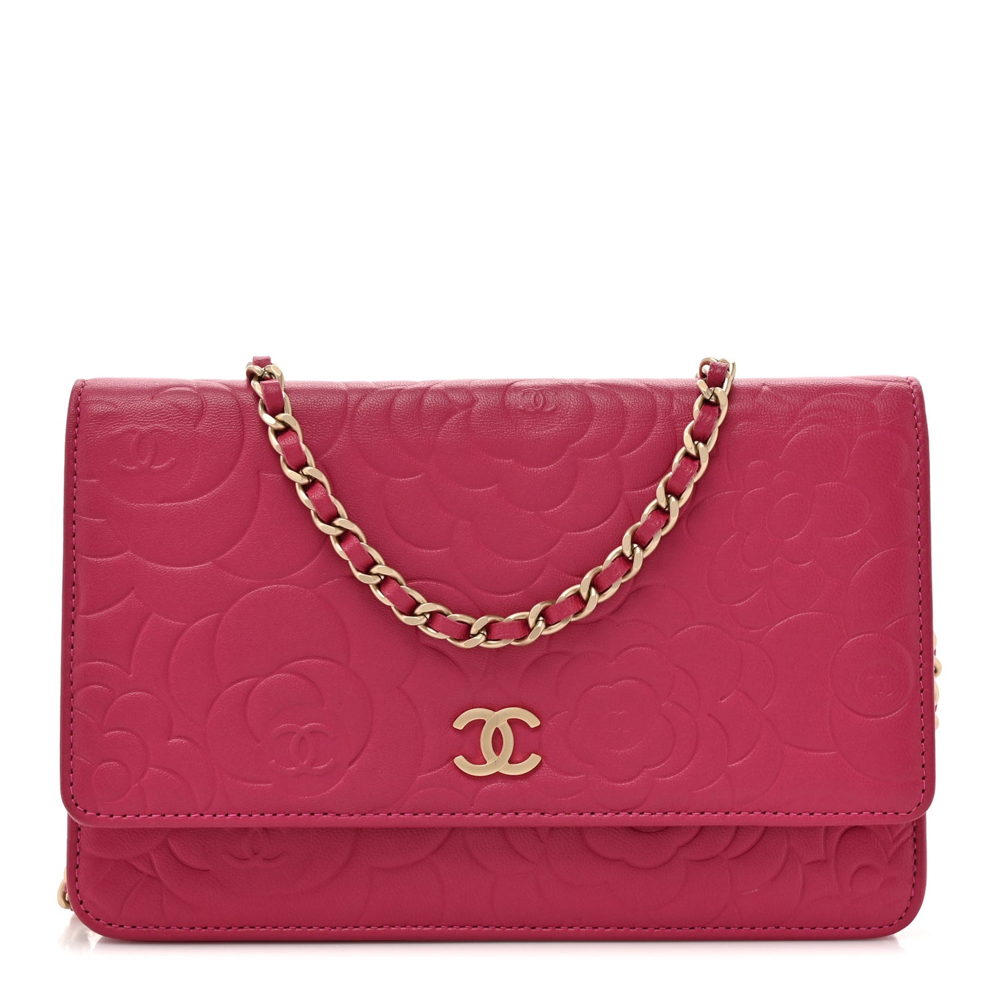 Lambskin Camellia Embossed Wallet on Chain WOC Pink