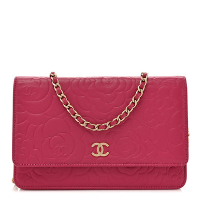 Chanel Lambskin Camellia Embossed Wallet on Chain WOC Pink 1 of 14
