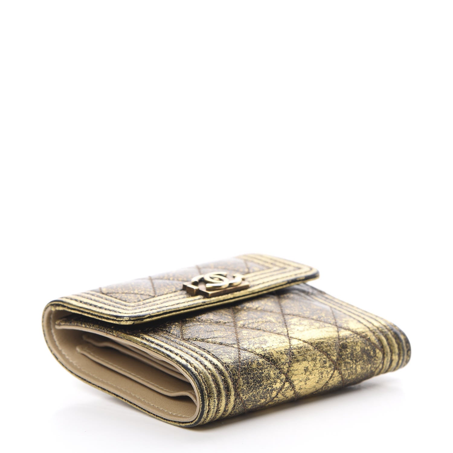 Chanel Cracked Metallic Calfskin Quilted Compact Boy Wallet Gold 4 of 13