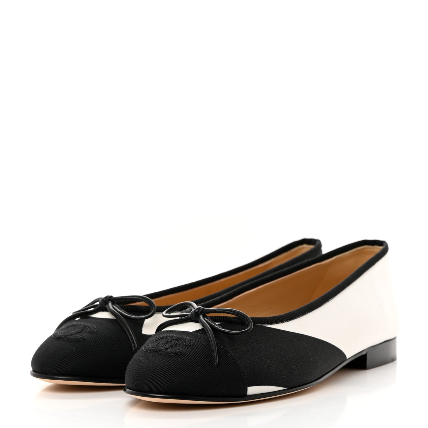 Printed Fabric Grosgrain Cap Toe CC Ballerina Flats 37.5 Black White