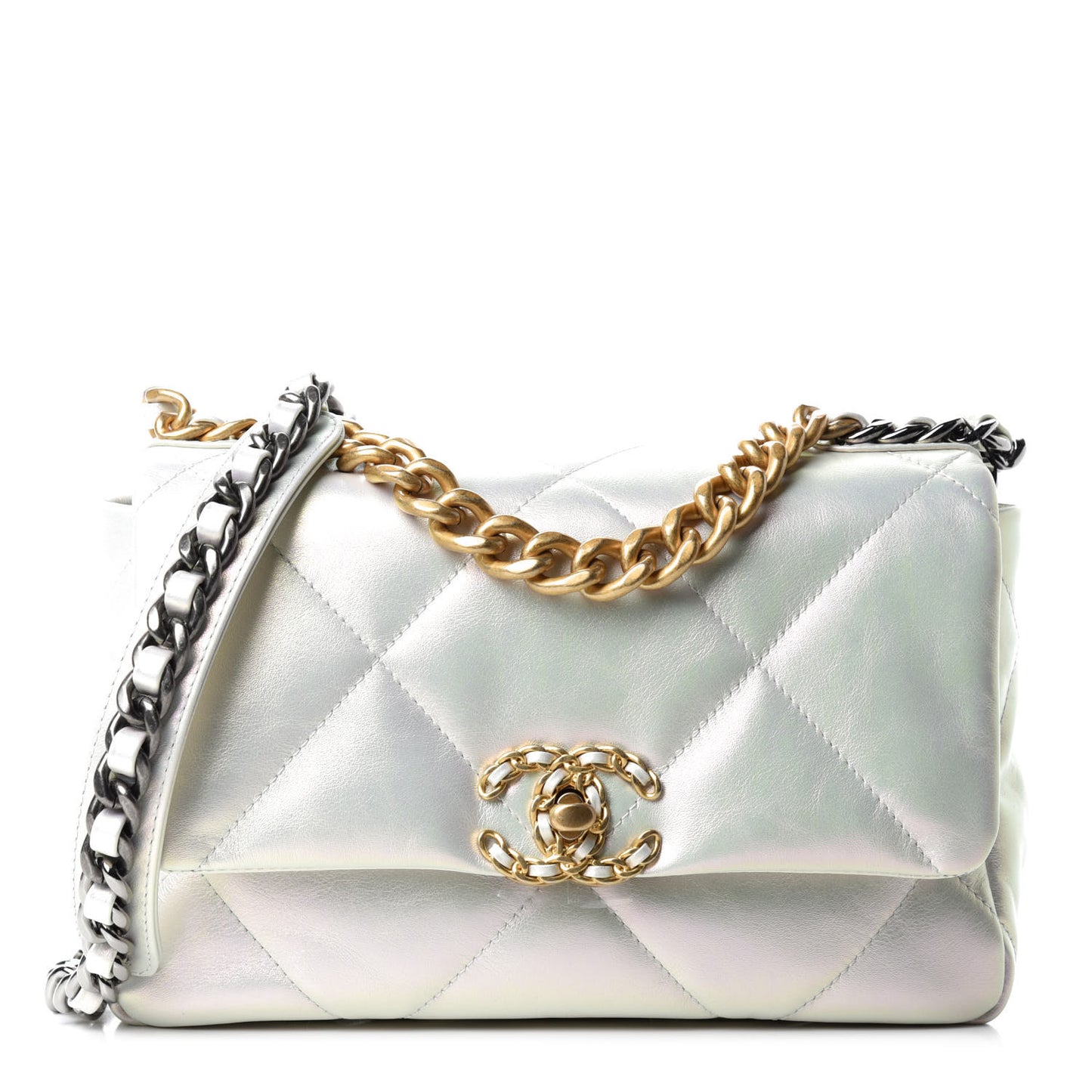Iridescent Calfskin Quilted Medium 19 Flap White