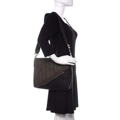 Fendi Glazed Fabric Vitello Liberty FF 1974 Diagonal New Messenger Flap Tobacco Moresco Black 2 of 10