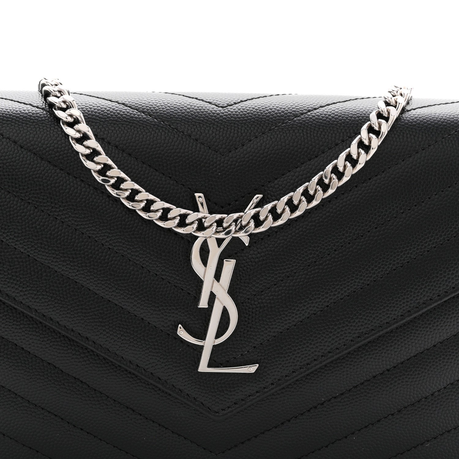 Saint Laurent Grain De Poudre Matelasse Chevron Monogram Chain Wallet Black 8 of 11
