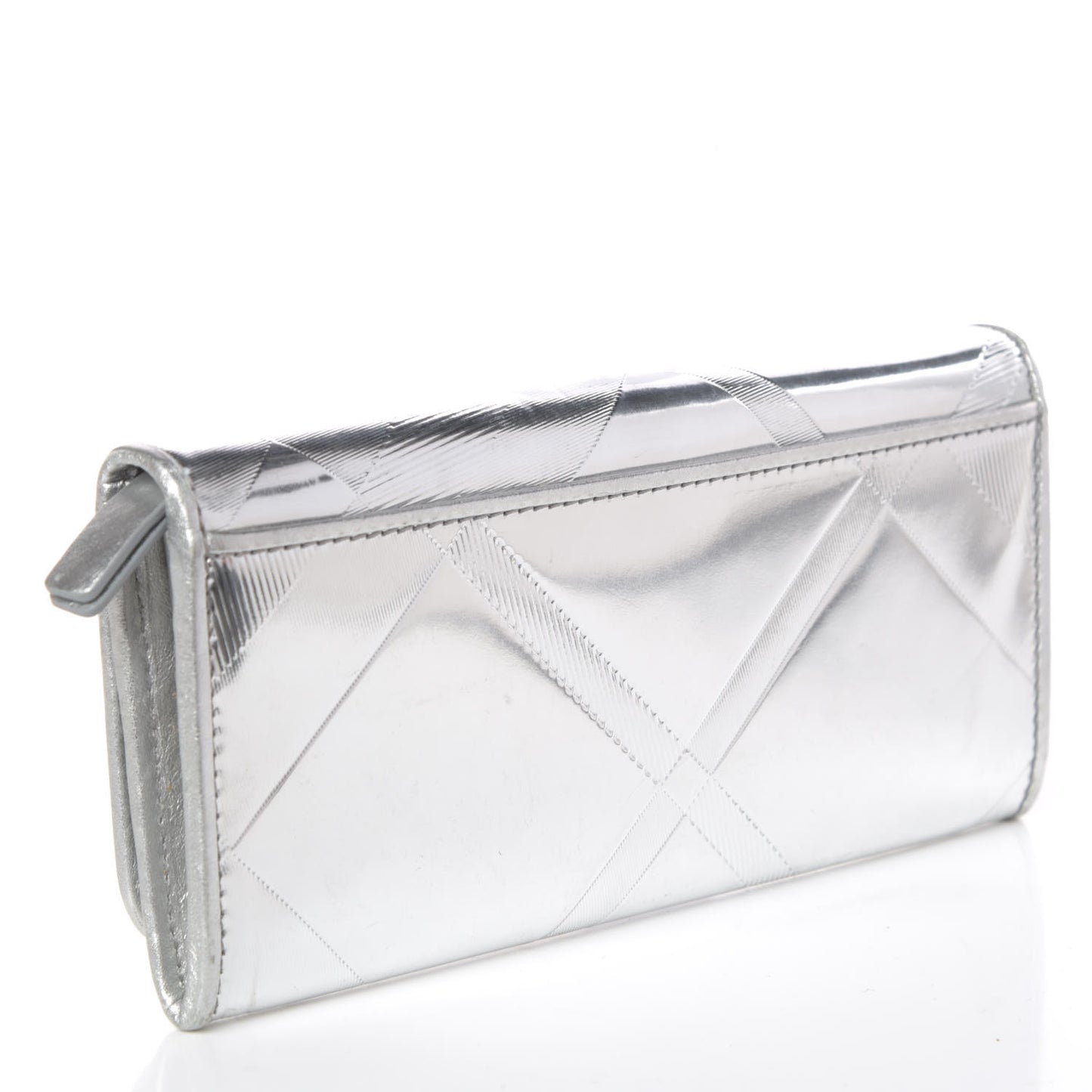 Metallic Calfskin Check Embossed Continental Wallet Silver