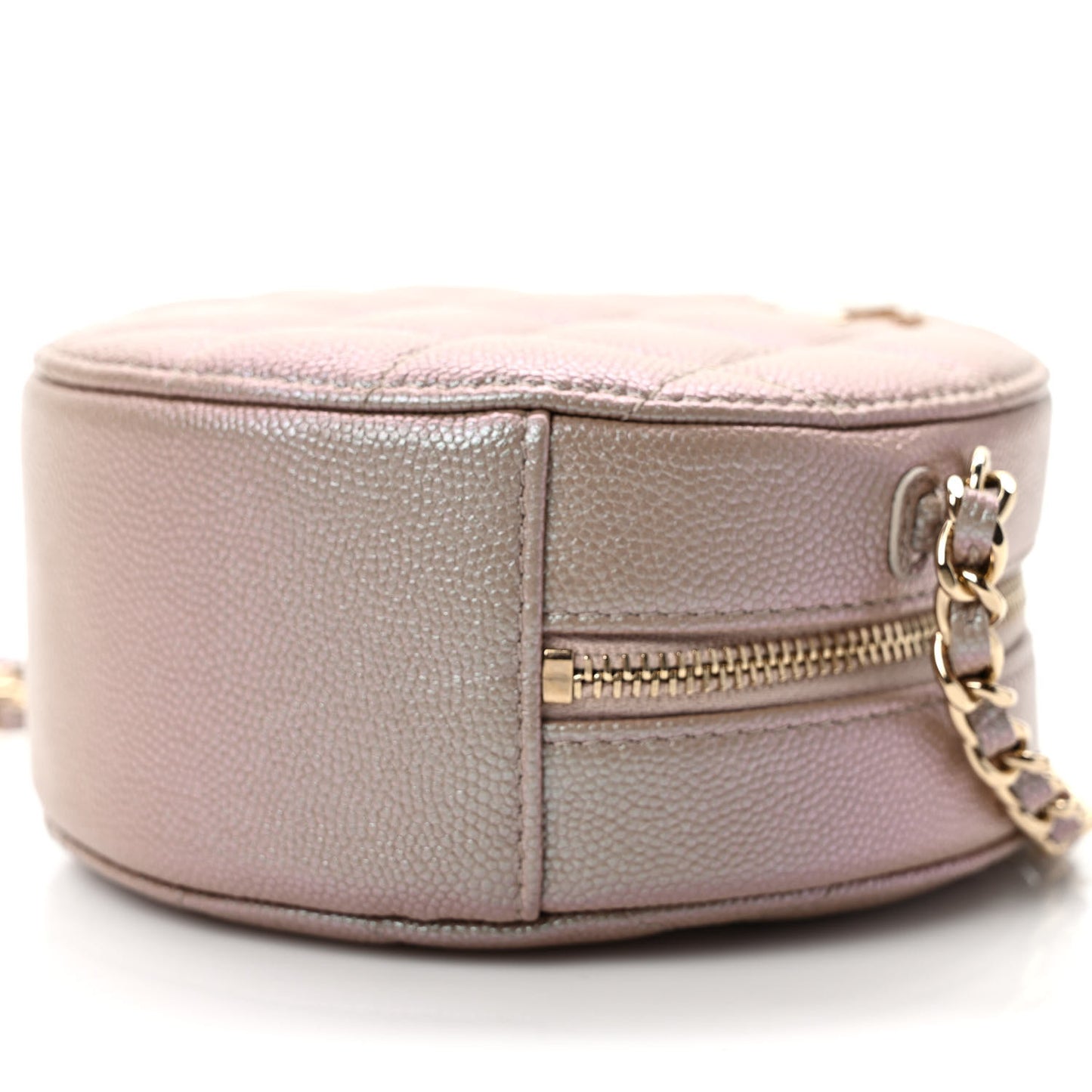 Iridescent Caviar Resin Quilted Round Clutch With Chain Beige