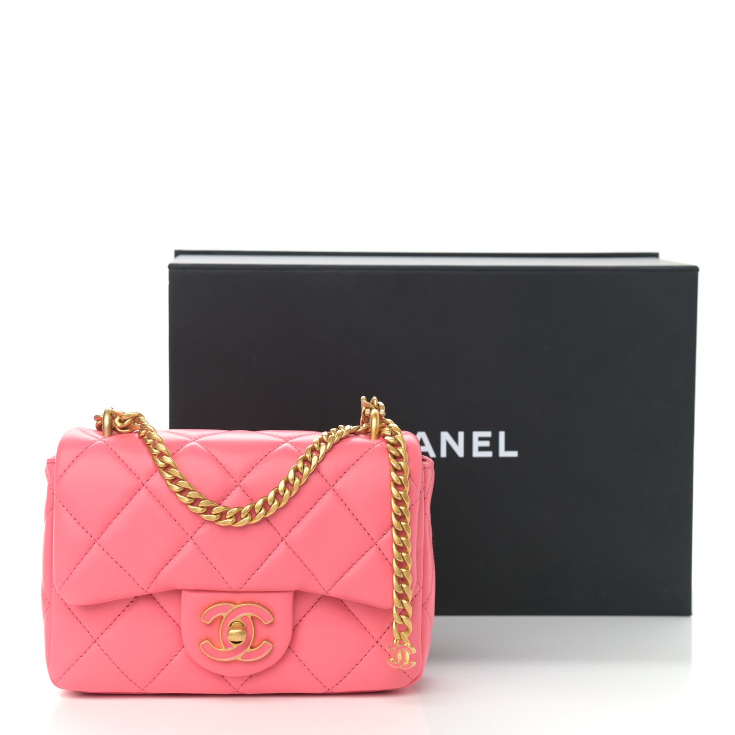 Lambskin Enamel Quilted Pending CC Mini Square Flap Pink
