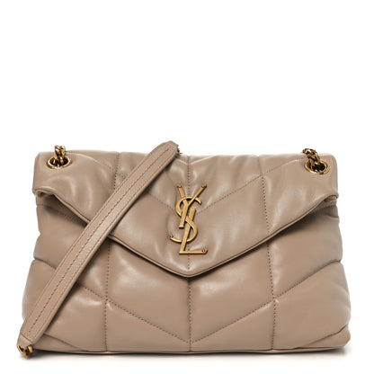 Saint Laurent Lambskin Quilted Small Loulou Puffer Monogram Chain Satchel Dark Beige 1 of 10