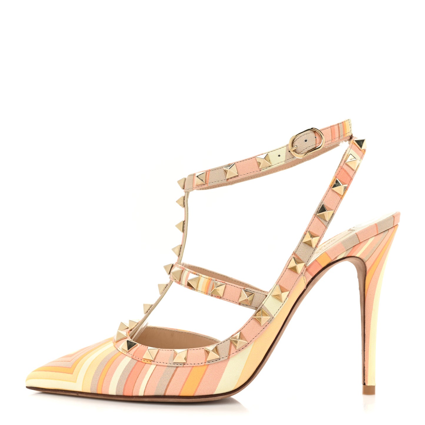 Calfskin Rockstud Stripes Ankle Strap 100mm Pumps 38 Orange Multicolor