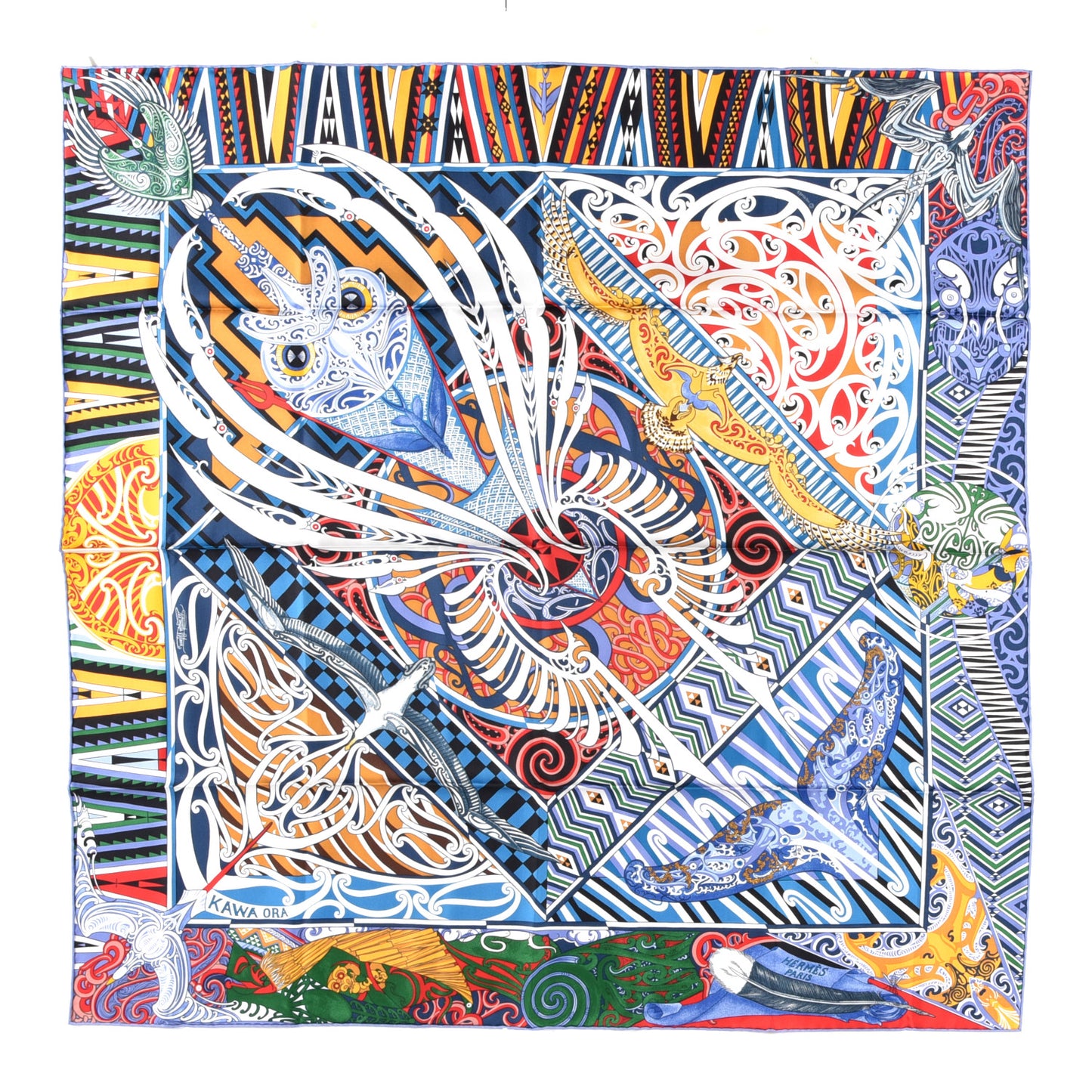 Silk Twill Kawa Ora Scarf 90 Bleu Jaune D'Or White