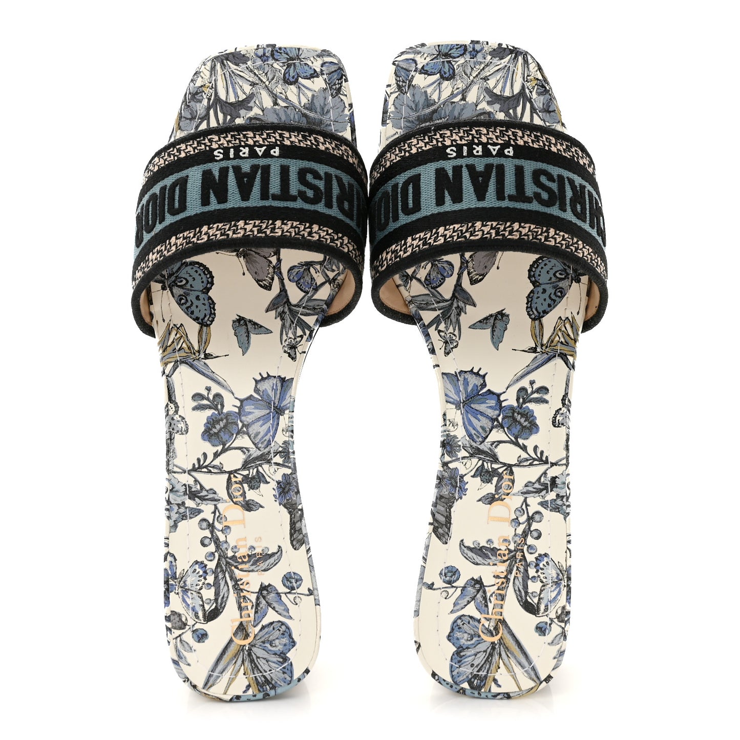 Canvas Toile de Jouy Mexico Embroidered Dway 35mm Slide Sandals 40 White Blue