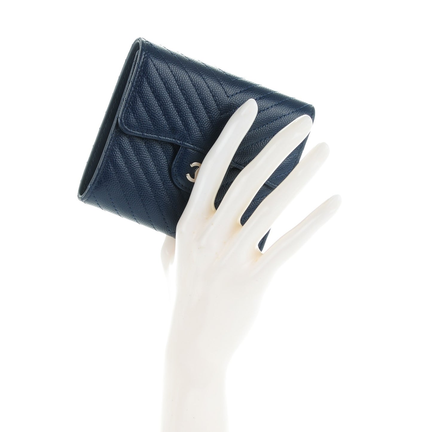 Caviar Chevron Quilted Compact Flap Wallet Navy