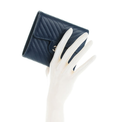 Chanel Caviar Chevron Quilted Compact Flap Wallet Navy 2 of 8