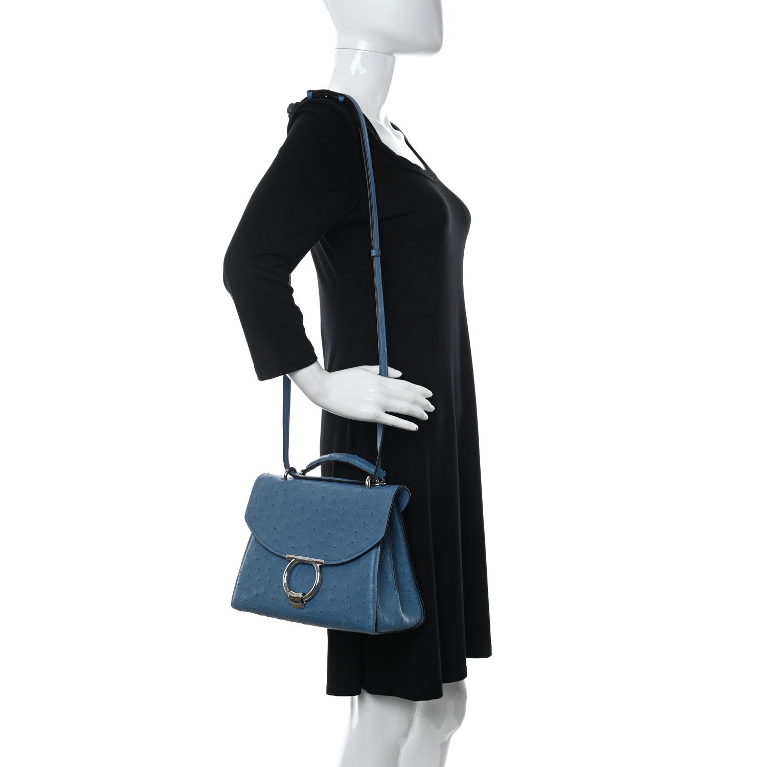Salvatore Ferragamo Ostrich Gancini Top Handle Satchel Chambray Neutral 2 of 9