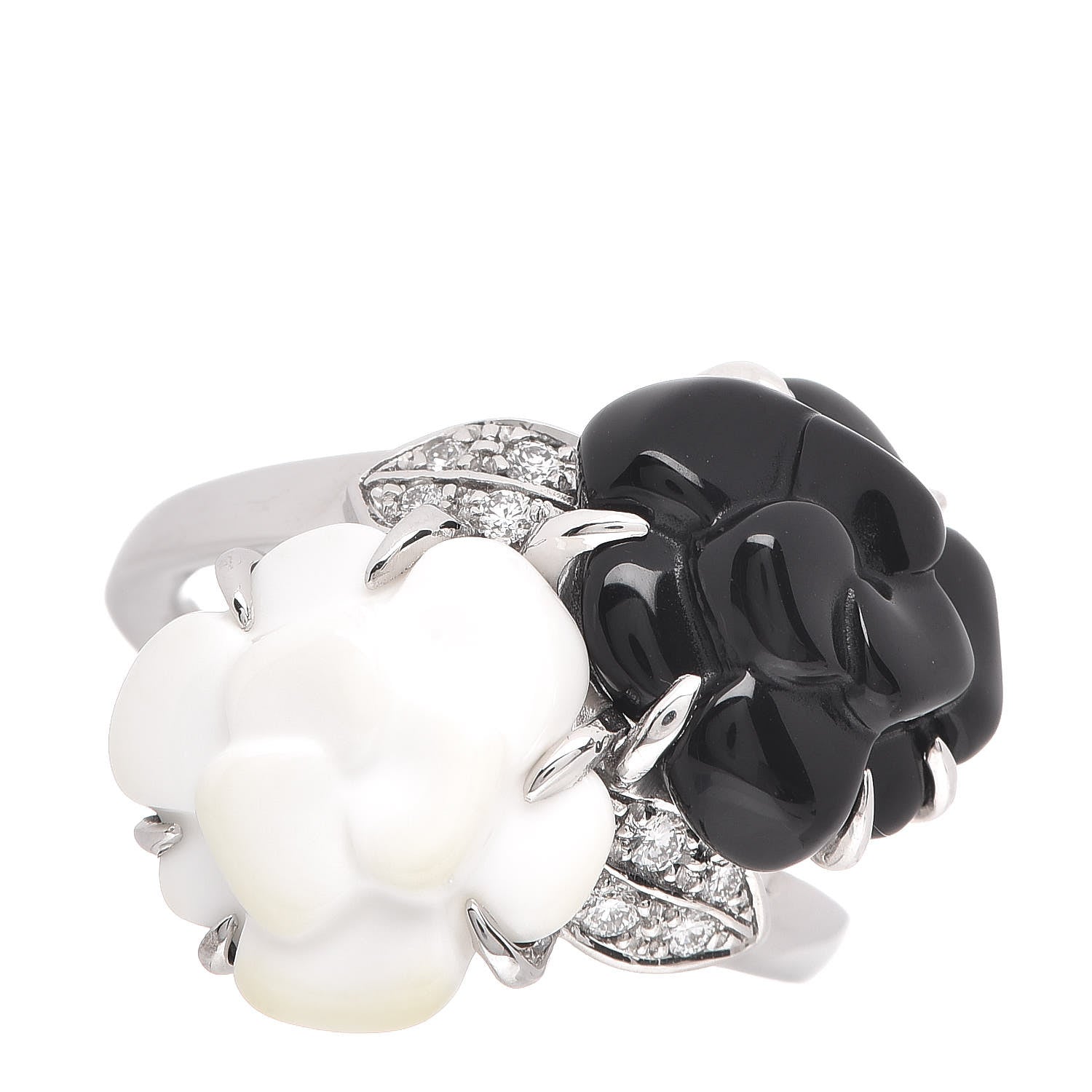 Chanel 18K White Gold Diamond Onyx White Agate Camelia Sculpte Ring 50 5.25 1 of 5