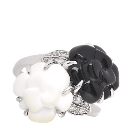 Chanel 18K White Gold Diamond Onyx White Agate Camelia Sculpte Ring 50 5.25 1 of 5