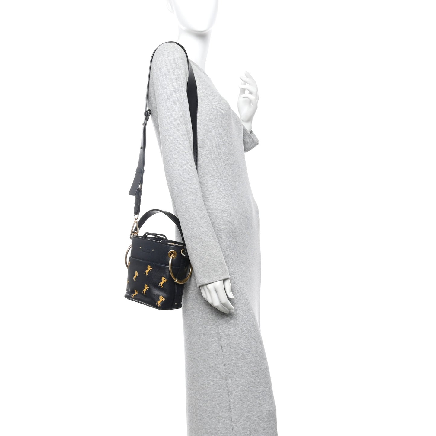 Smooth Calfskin Little Horses Embroidered Mini Roy Bucket Bag Full Blue