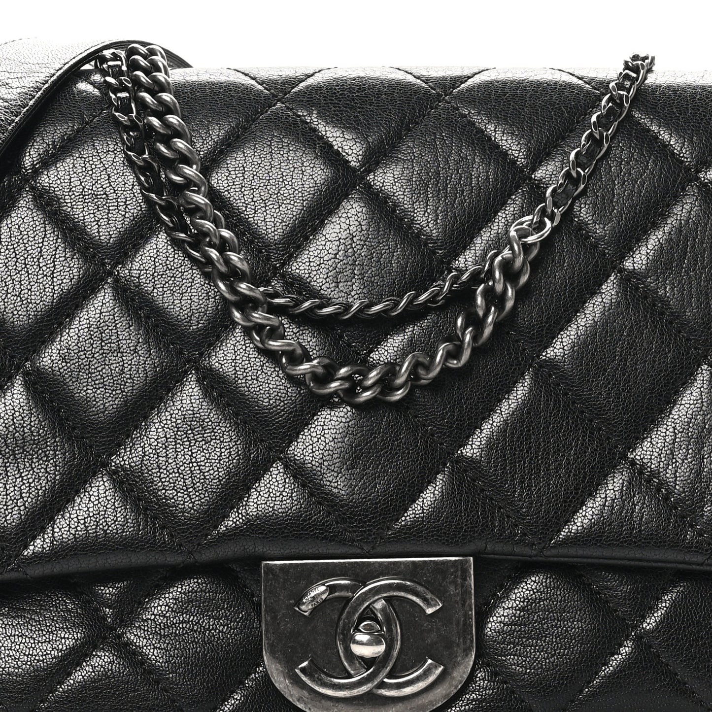 Shiny Goatskin Quilted Large Double Carry Waist Chain Flap Black