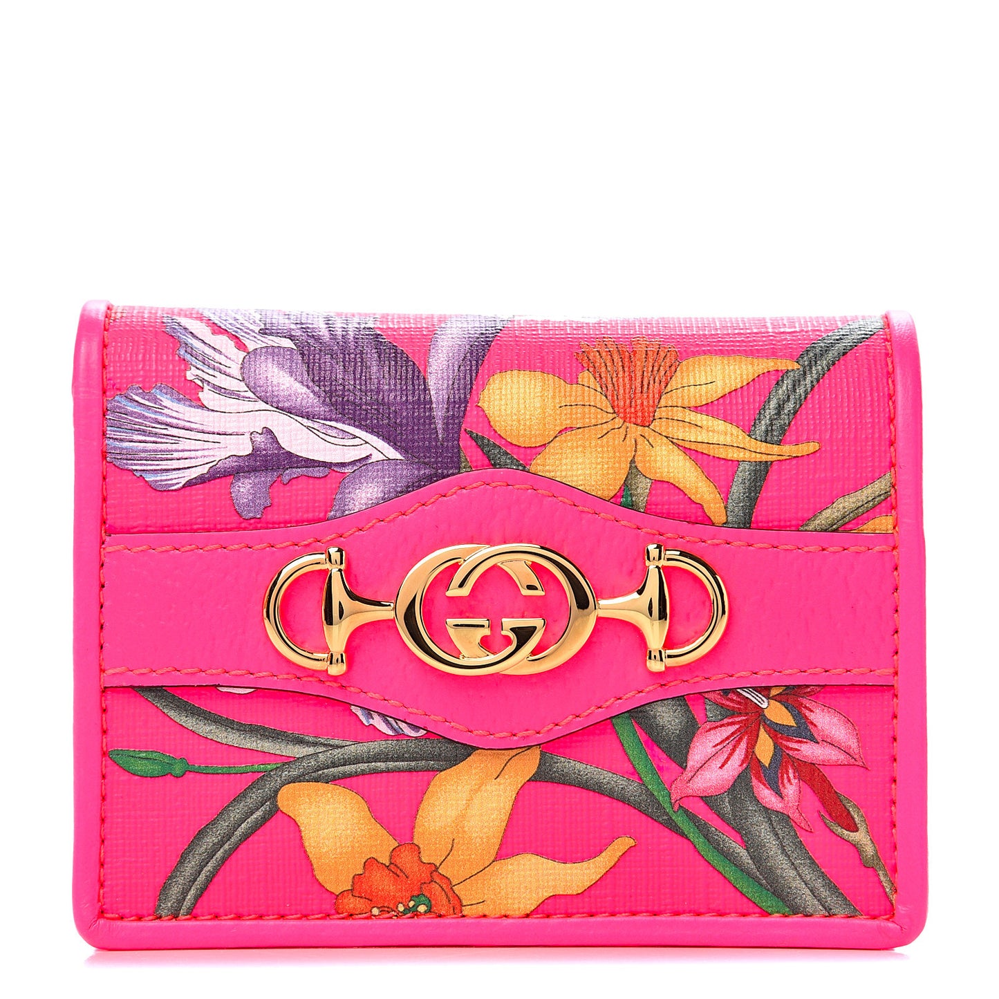 Calfskin Flora Print Zumi Card Case Fuxia Fluo