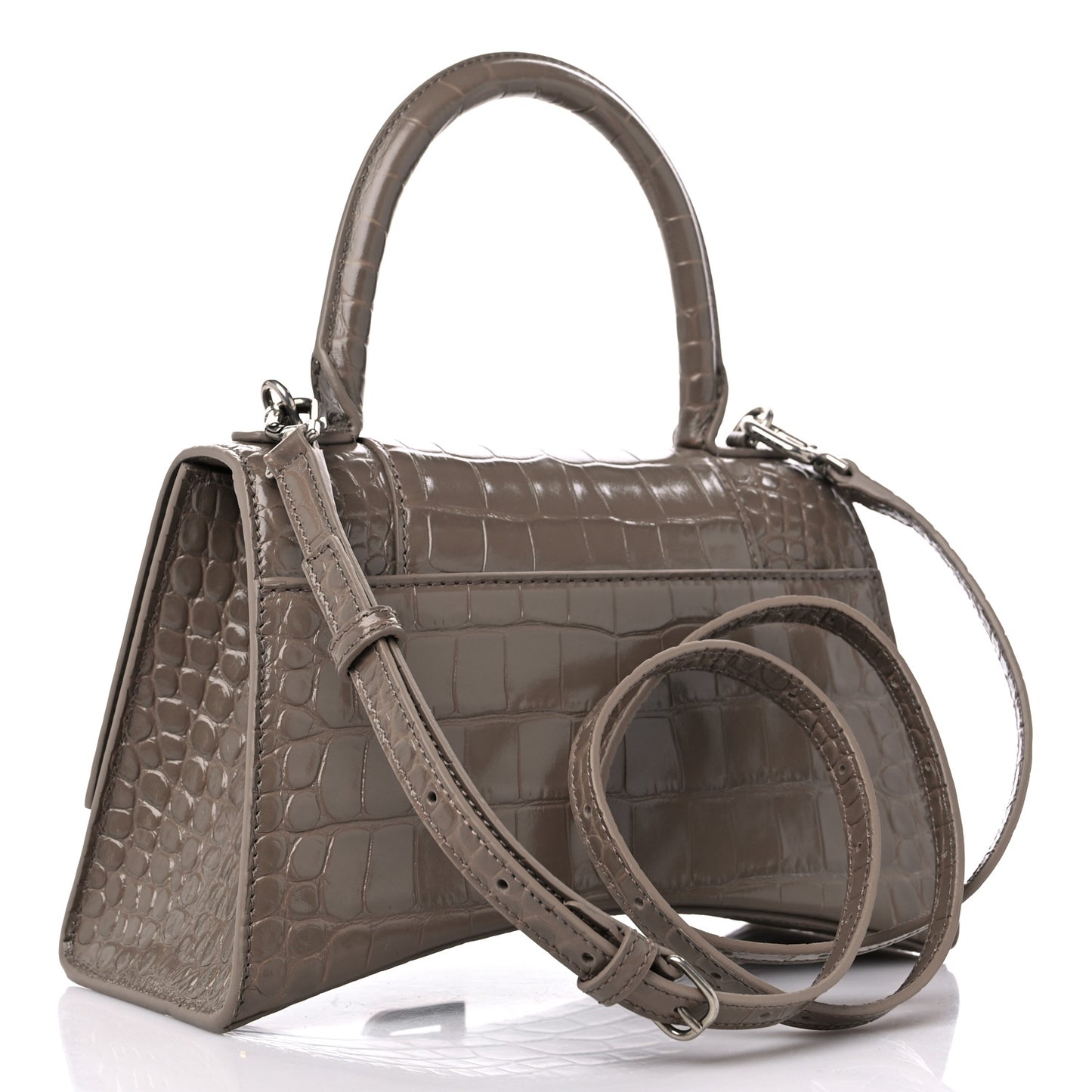 Shiny Calfskin Crocodile Embossed Small Hourglass Top Handle Bag Mink Grey