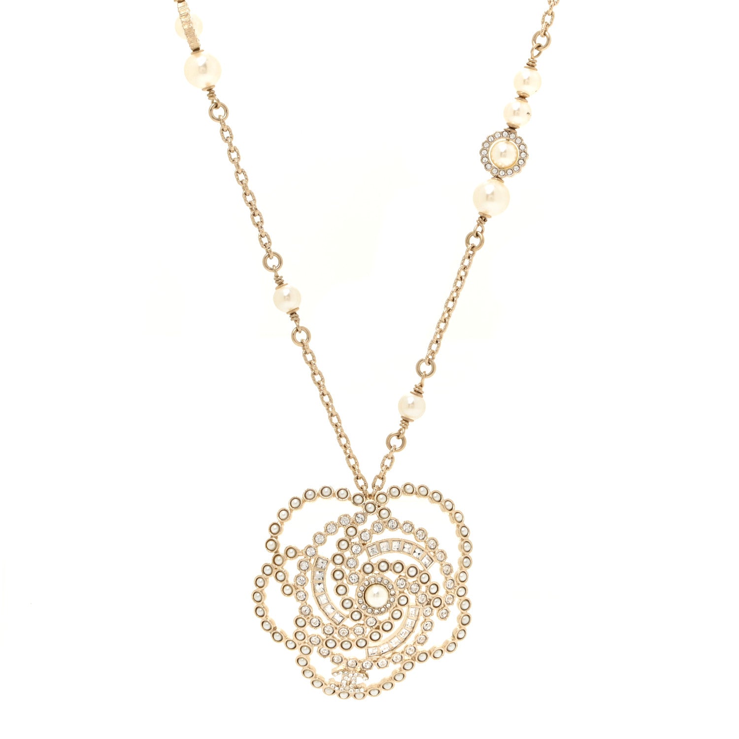 Chanel Pearl Crystal Lace Camellia Necklace Gold 1 of 6