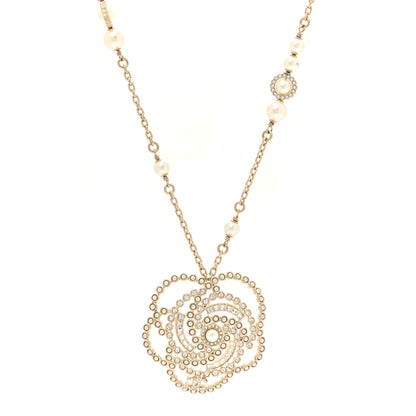 Chanel Pearl Crystal Lace Camellia Necklace Gold 1 of 6