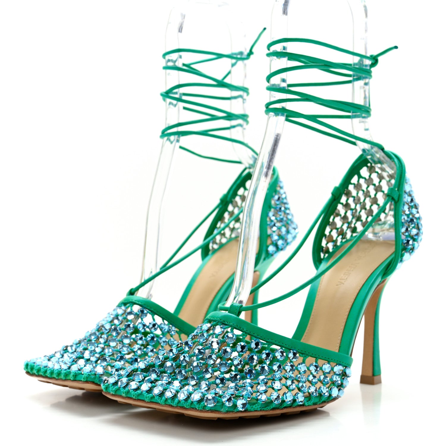 Bottega Veneta Mesh Nappa Crystal Embellished Sparkle Stretch Ankle Tie Sandals 39 Acid Turquoise 3 of 10