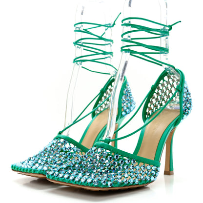 Bottega Veneta Mesh Nappa Crystal Embellished Sparkle Stretch Ankle Tie Sandals 39 Acid Turquoise 3 of 10