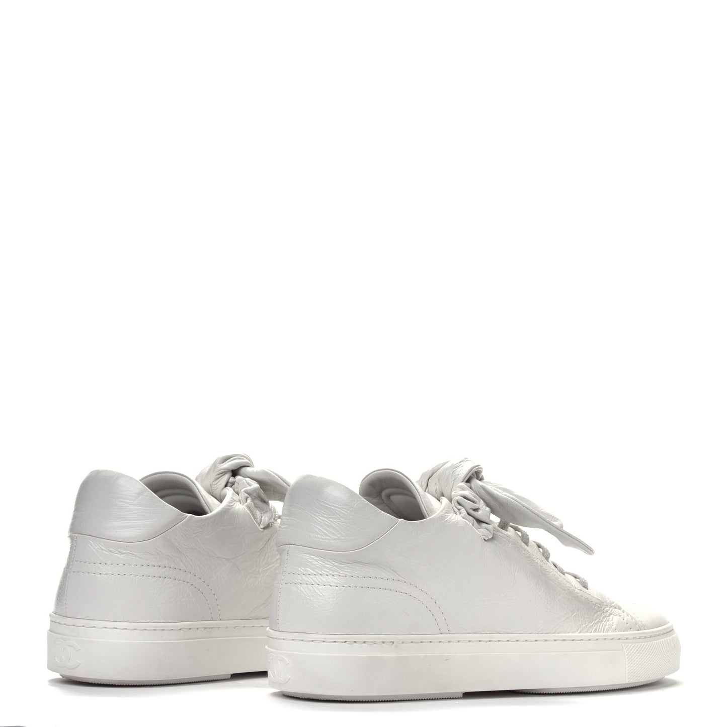 Crumpled Calfskin Womens CC Bow Sneakers White