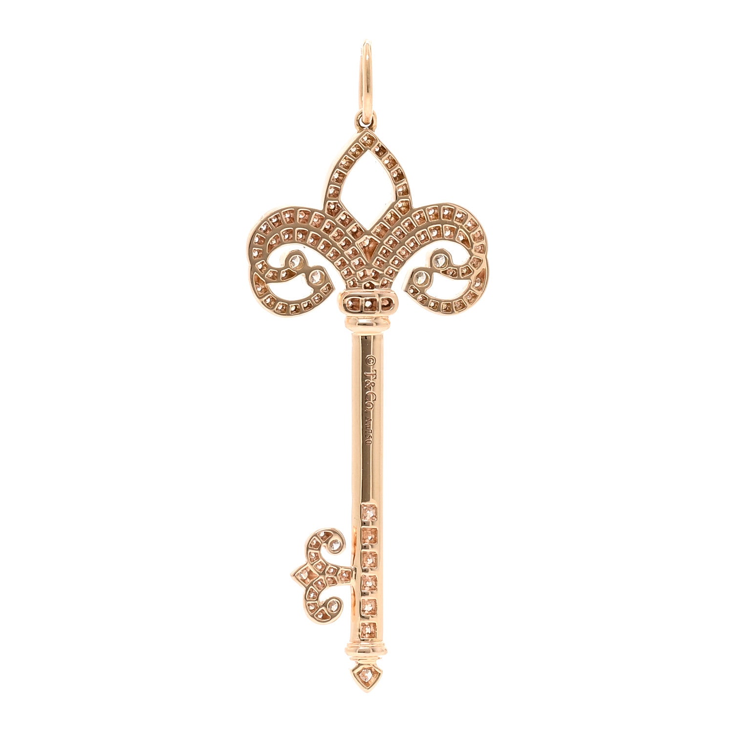 Tiffany 18K Rose Gold Diamond .37ct Fleur De Lis Key Pendant 3 of 5