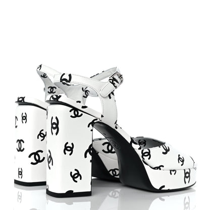 Chanel Printed Lambskin Coco Beach Platform Sandals 40 White Black 4 of 9