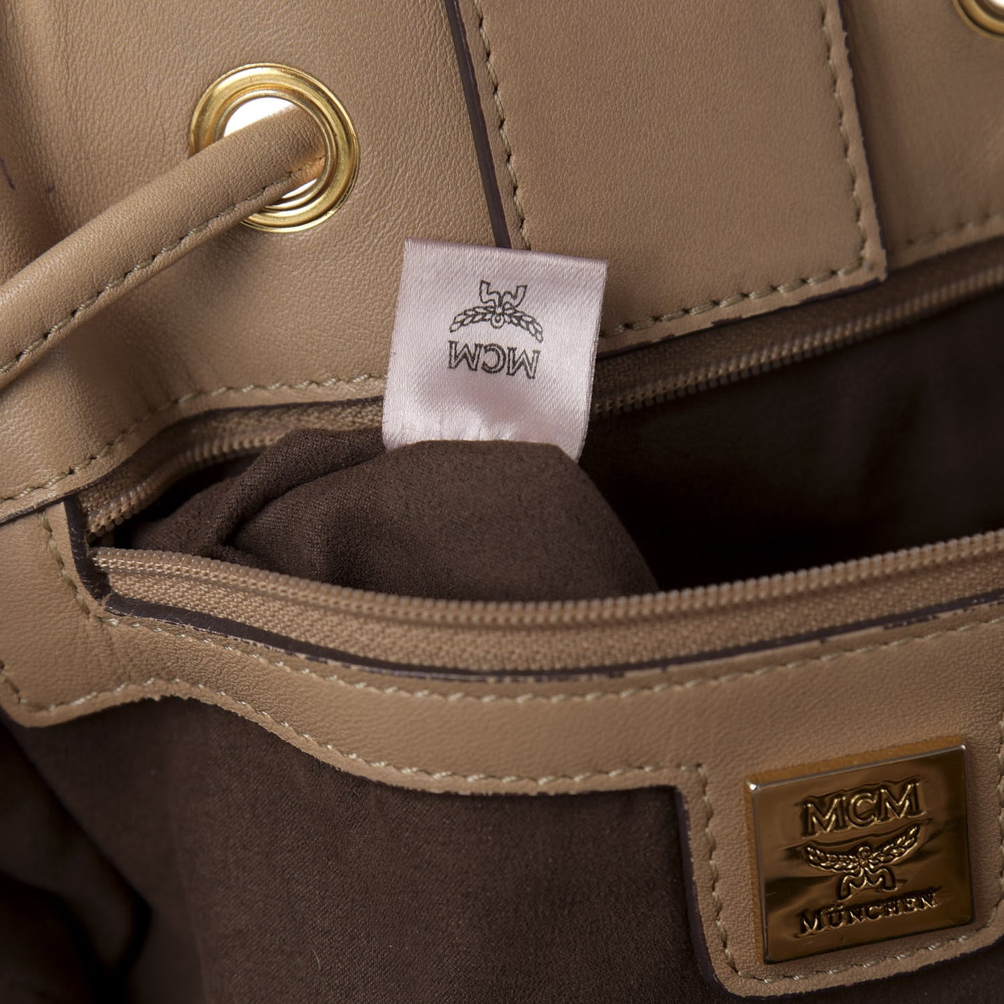 Visetos Studded Drawstring Bucket Bag Beige