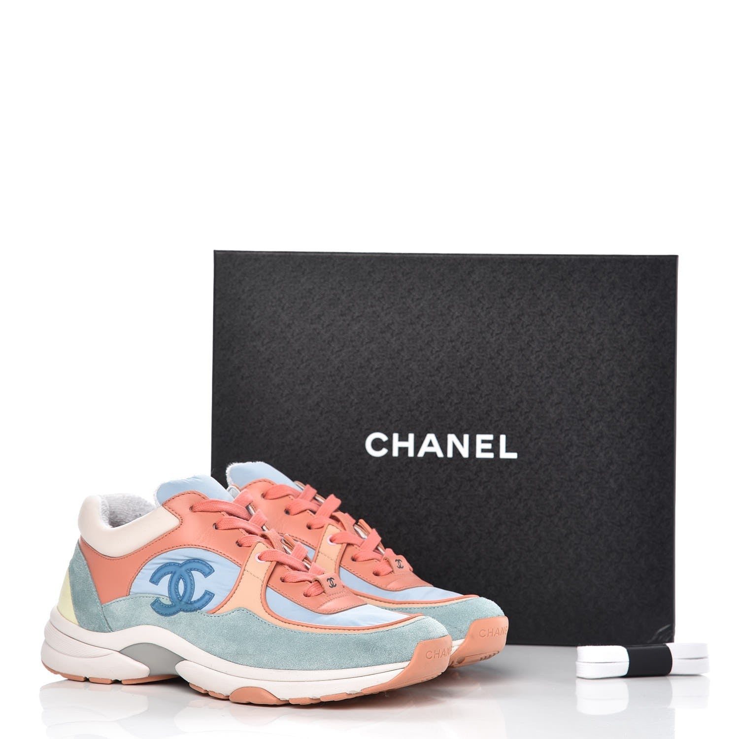 Chanel Nylon Lambskin Suede Calfskin CC Sneakers 37 Coral Light Blue White 13 of 13