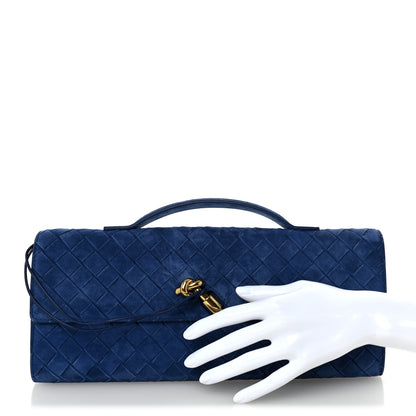 Bottega Veneta Suede Intrecciato Long Andiamo Top Handle Clutch Blue Royal 2 of 6